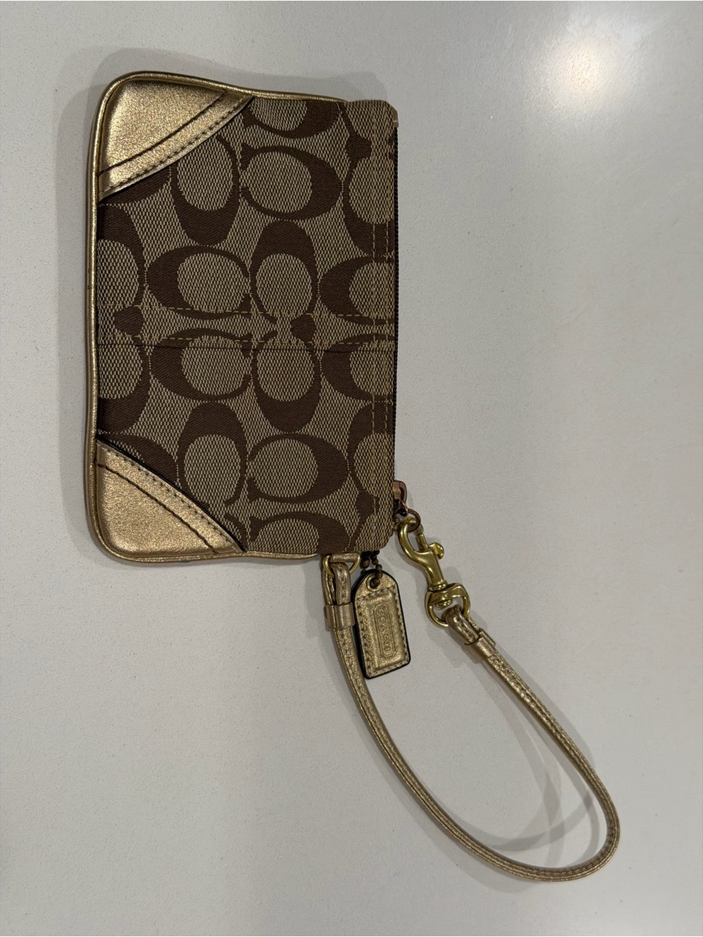 Coach Signature Canvas Small Wristlet in Brown/Gold